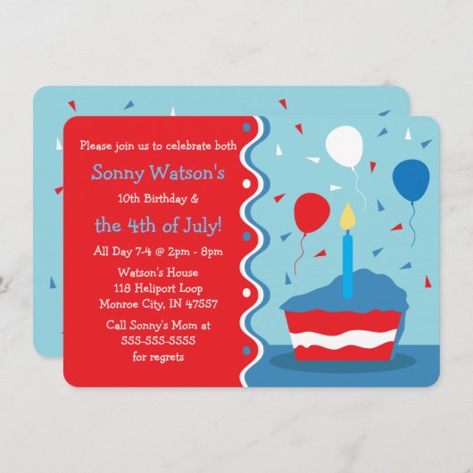 4 juli uitnodiging van de partij van Birthday (Voorkant / Achterkant)
