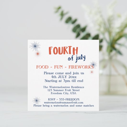 4 juli Uitnodiging van de partij van de Fun-vuurwe (Staand voorkant)