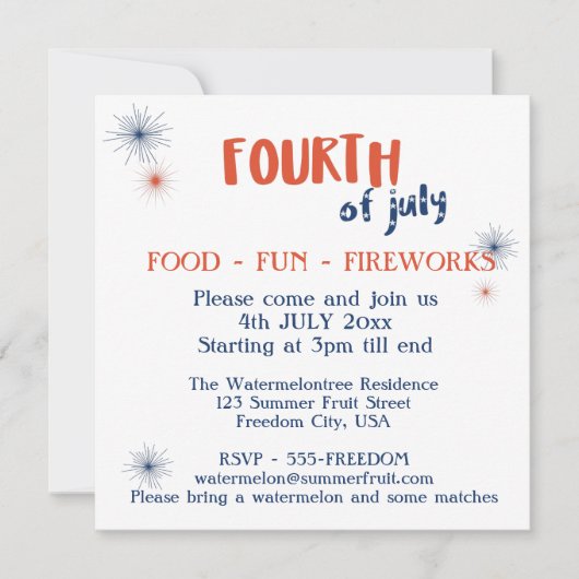 4 juli Uitnodiging van de partij van de Fun-vuurwe (Voorkant)