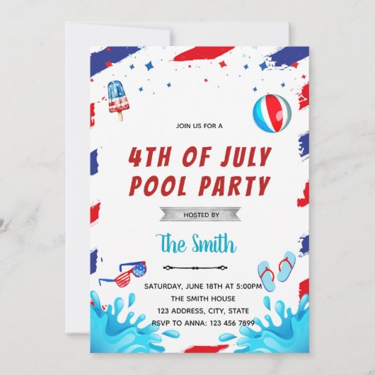 4 juli uitnodiging voor een poolparty (Voorkant)
