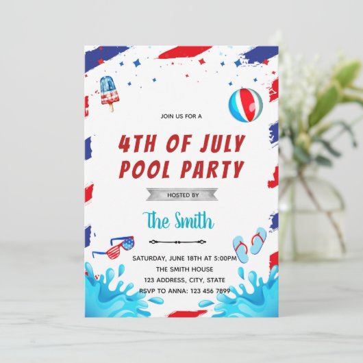4 juli uitnodiging voor een poolparty (Staand voorkant)