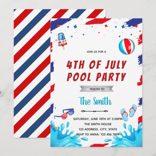 4 juli uitnodiging voor een poolparty (Voorkant / Achterkant)