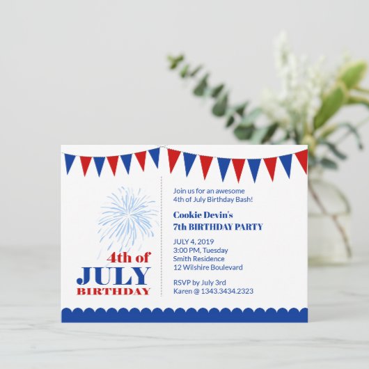 4 juli Uitnodiging voor kinderverjaardagsfeest (Staand voorkant)