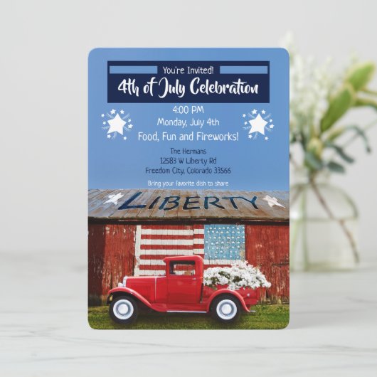 4 juli uitnodiging voor patriottisch rood vrachtwa (Staand voorkant)