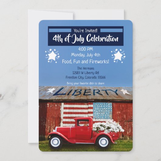 4 juli uitnodiging voor patriottisch rood vrachtwa (Voorkant)