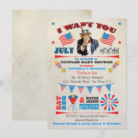 4 juli Uitnodigingen om Barbecue bbq Baby Shower u (Voorkant / Achterkant)