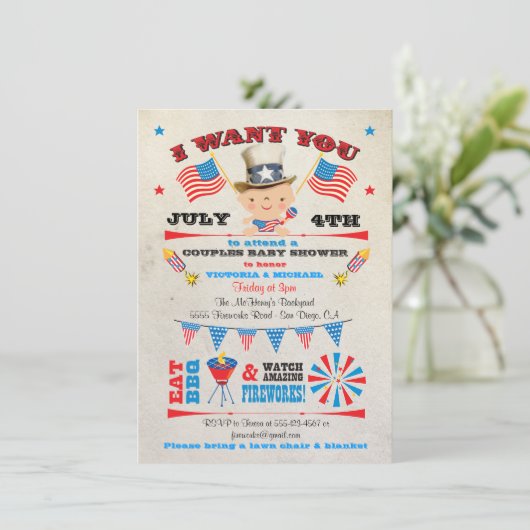 4 juli Uitnodigingen om Barbecue bbq Baby Shower u (Staand voorkant)