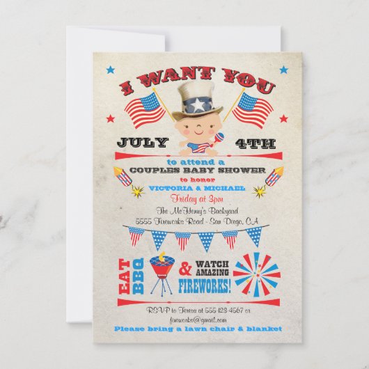 4 juli Uitnodigingen om Barbecue bbq Baby Shower u (Voorkant)
