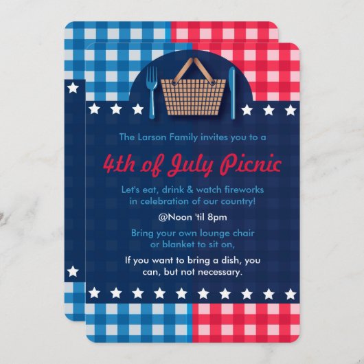 4 juli Uitnodigingen van Gingham Picnic (Voorkant / Achterkant)