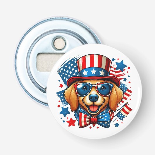 4 juli USA Patriottische Hond Onafhankelijkheidsda Button Flesopener (Voorkant)