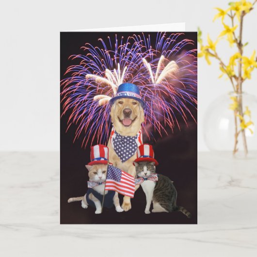 4 juli Verjaardag Kaart met grappige huisdieren (Gele Bloem)