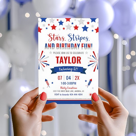 4 juli verjaardag uitnodiging, rood wit en blauw kaart