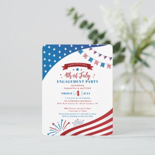 4 juli Verlovingsfeest Red White Uitnodiging (Staand voorkant)