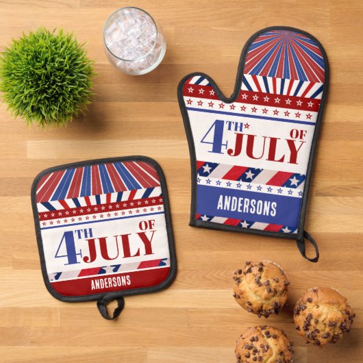 4 juli Vlag van Amerika Artsy Custom Ovenwant & Pannenlap Set (Top down)