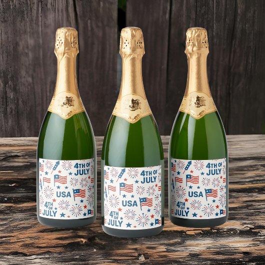 4 juli 🇺🇸 | Voedsel & Drink Labels met Vuurwerk Sparkling Wijnetiket