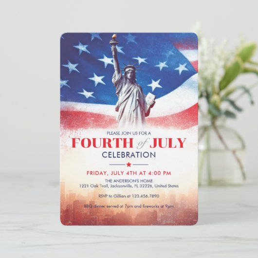 4 juli Vrijheidsbeeld en Amerikaanse vlag  kunst Kaart (Staand voorkant)