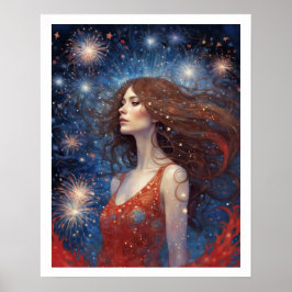 4 juli Vrouw in Rode Vuurwerkkunst Poster