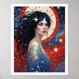 4 juli Vrouw in rood vuurwerk Art Deco Poster