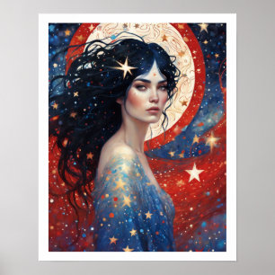 4 juli Vrouw in rood vuurwerk Art Deco Poster