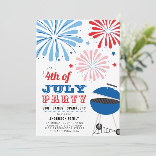 4 juli Vuurwerk BBQ Feest Kaart (Staand voorkant)