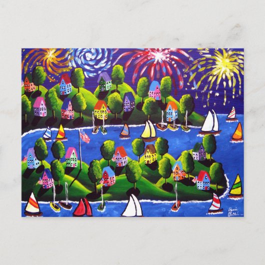 4 juli Vuurwerk Folk Art Briefkaart (Voorkant)