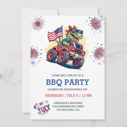 4 juli Vuurwerk T-Rex Amerika Vlag BBQ Party Kaart (Voorkant)