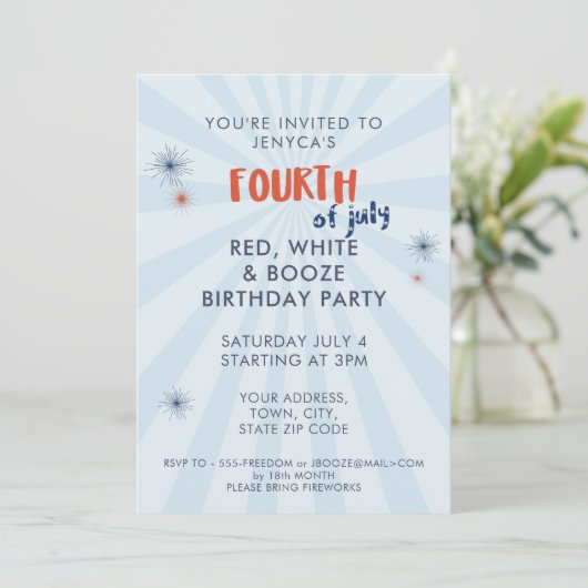 4 juli Vuurwerk Verjaardag Uitnodiging (Staand voorkant)