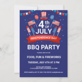 4 juli Vuurwerk & Vlaggen BBQ-feest Uitnodiging (Voorkant)