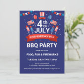 4 juli Vuurwerk & Vlaggen BBQ-feest Uitnodiging (Staand voorkant)