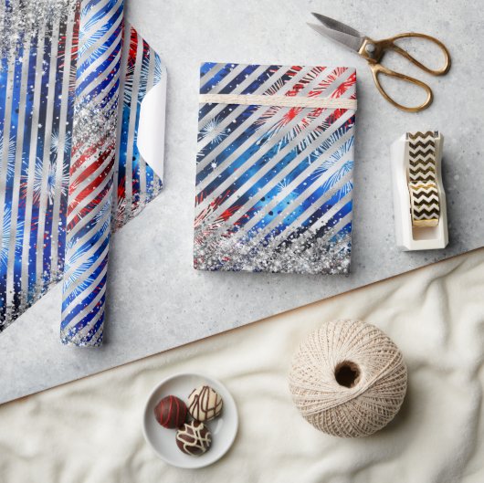 4 juli Vuurwerk Zilveren Glitter Onafhankelijkheid Cadeaupapier (Crafts)