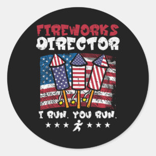 4 juli Vuurwerkdirecteur I Run Funny US Flag Am Ronde Sticker