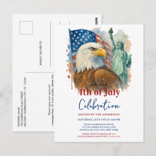 4 juli waterverf Eagle Patriottische Partij Briefkaart (Voorkant / Achterkant)