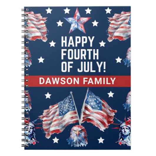 4 juli Waterverf Familienaam gepersonaliseerd Notitieboek (Voorkant)