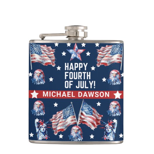 4 juli Waterverf Familienaam Patriottisch Heupfles (Voorkant)