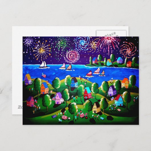 4 juli Whimsical Folk Art Post Kaarten (Voorkant / Achterkant)