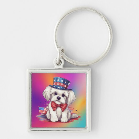 4 juli Witte Mopshond-43568 Sleutelhanger (Voorkant)