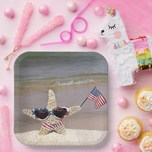 4 juli zeester met vlag papieren bordje (Feest)