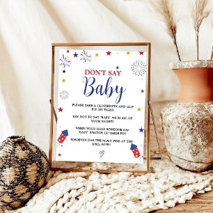4 juli zeg niet baby baby shower spel poster