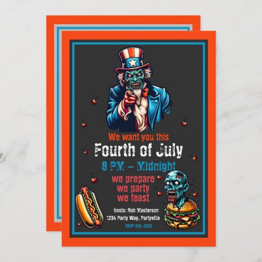 4 juli zombie oom Sam uitnodiging (Voorkant / Achterkant)