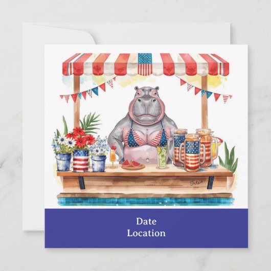 4 juli zwembadfeest met nijlpaard in bikini kaart (Voorkant)