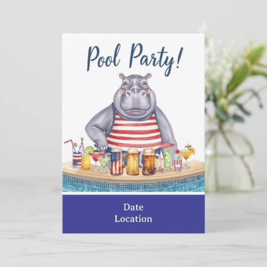 4 juli zwembadfeest met nijlpaard in bikini kaart (Staand voorkant)