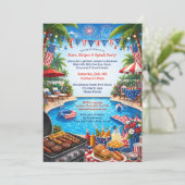 4 juli zwembadfeest patriottische BBQ uitnodiging (Staand voorkant)