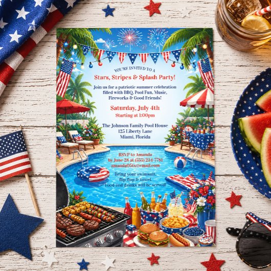 4 juli zwembadfeest patriottische BBQ uitnodiging
