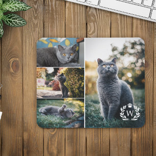 4 kattenfotocollage poot laurierkrans monogram muismat