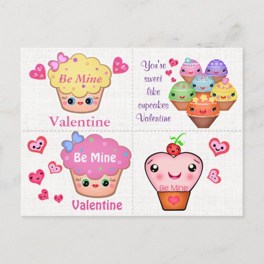 4 Kawaii Cupcake Valentijnse Kaarten Feestdagenkaart (Voorkant)