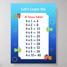 4 Keer Tafel Poster voor Kinderen | Oceaan Wiskund