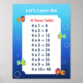 4 Keer Tafel Poster voor Kinderen | Oceaan Wiskund