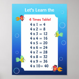 4 Keer Tafel Poster voor Kinderen Oceaan Wiskund
