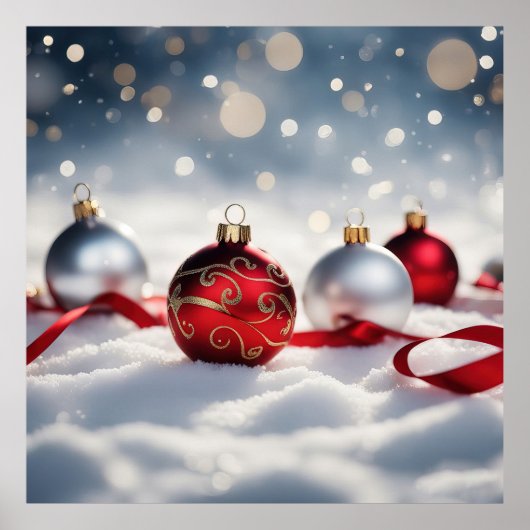 4 kerstballen in de sneeuw poster (Voorkant)