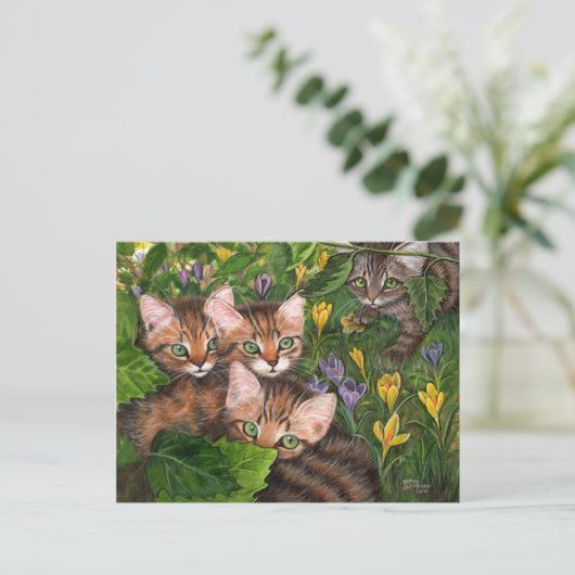 4 Kittens Crocus Briefkaart (Staand voorkant)